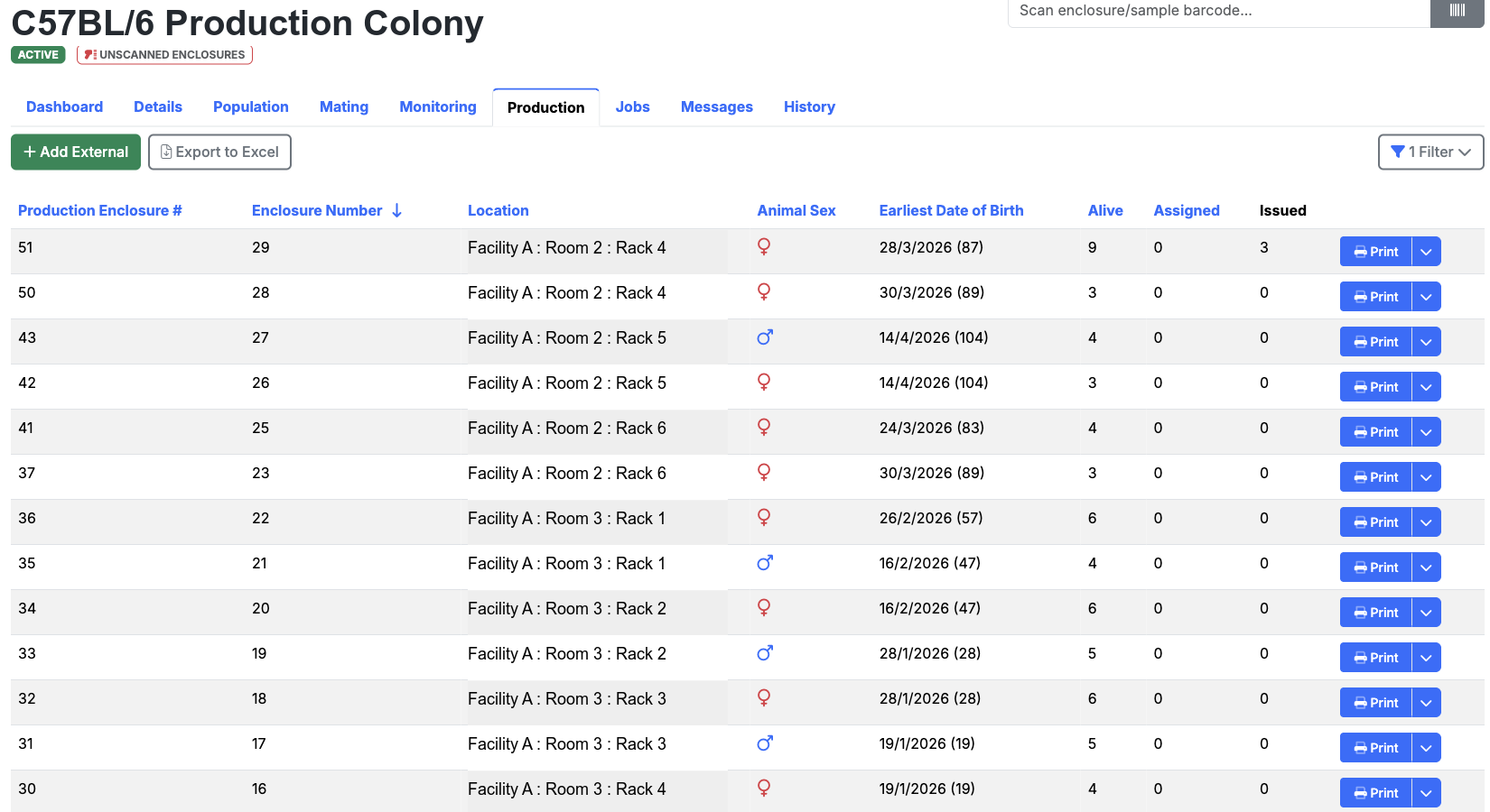 AMS production enclosure list screenshot